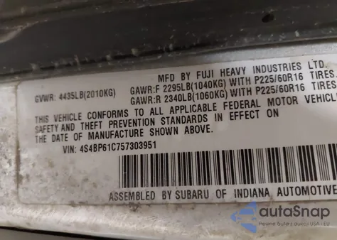2007 Subaru Outback from USA, damaged, VIN 4S4BP62C577321978
